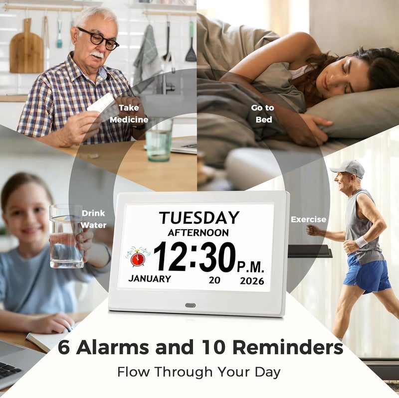 Pastigio 7'' Digital Clock, Dementia Clock With Date And Time, 10 Reminders, 6 Alarms, Auto-Dimming, Auto DST, Remote Control, Large Display Alarm Clock For Seniors, Gifts For People With Dementia, White - Image 3